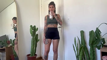 Inked girl rubber band workout warm up strength sfw yoga fitness