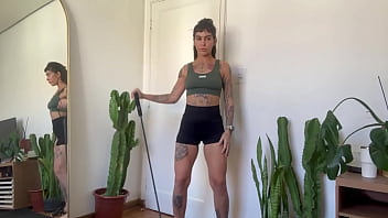 Inked girl rubber band workout warm up strength sfw yoga fitness