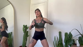 Inked girl rubber band workout warm up strength sfw yoga fitness