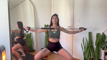 Inked girl rubber band workout warm up strength sfw yoga fitness