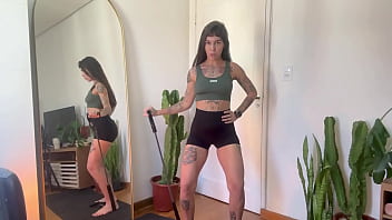 Inked girl rubber band workout warm up strength sfw yoga fitness