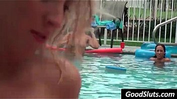 Natural blonde rides dick at the pool
