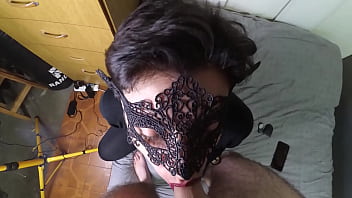 A mysterious masked woman gives me a blowjob and receives the reward on her face