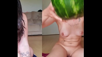 Melonhead puking watermelon and taking a shower with it