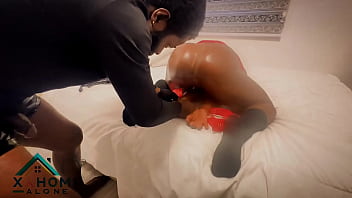 Submissive anal slut in red fishnet chained down and punished with anal fingering and good fuck