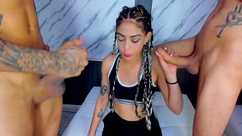 Two guys fuck this venezuelan girl's throat hard