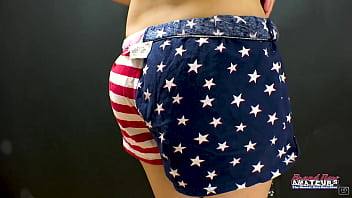 Brunette coed sabrina rubs her tits and pussy while she sucks a hard cock