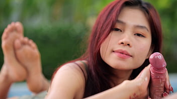 Ruined orgasm handjob by the pool