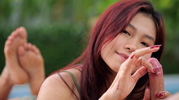 Ruined orgasm handjob by the pool