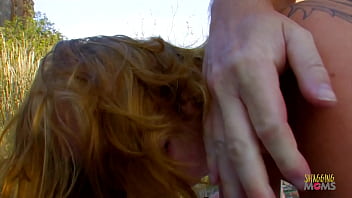 Two dudes get blowjobs from mature babes before one of them fucks the redhead one