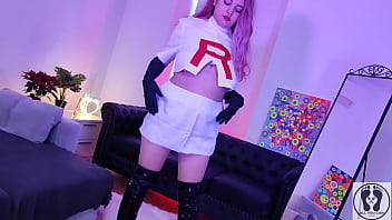 Horny chubby cosplays team rocket masturbate in high heels