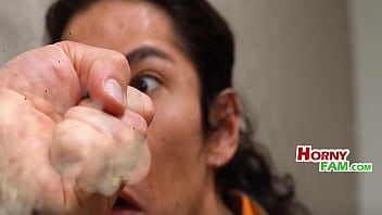 Petite teen was getting blasted by mean stepdad but her stepbro's dick through the wall keeps her horny & calm