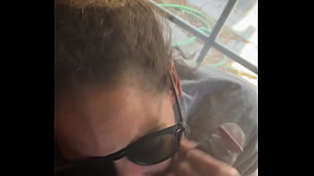 Lightskin ebony slut little step sister giving blowjob in front of window gets cum on her face while her boyfriend is looking for her