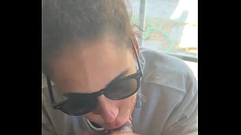 Lightskin ebony slut little step sister giving blowjob in front of window gets cum on her face while her boyfriend is looking for her