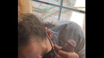 Lightskin ebony slut little step sister giving blowjob in front of window gets cum on her face while her boyfriend is looking for her