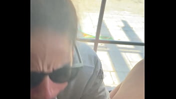 Lightskin ebony slut little step sister giving blowjob in front of window gets cum on her face while her boyfriend is looking for her