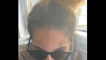 Lightskin ebony slut little step sister giving blowjob in front of window gets cum on her face while her boyfriend is looking for her