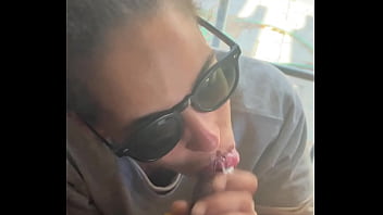 Lightskin ebony slut little step sister giving blowjob in front of window gets cum on her face while her boyfriend is looking for her