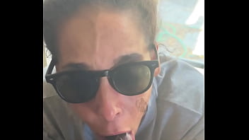 Lightskin ebony slut little step sister giving blowjob in front of window gets cum on her face while her boyfriend is looking for her