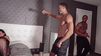 Three horny sluts in sexy bodysuits call for two big black cocks to fuck us hard