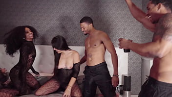 Three horny sluts in sexy bodysuits call for two big black cocks to fuck us hard