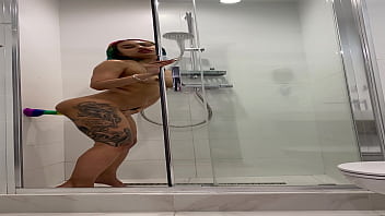 Naked roxy showers and masturbates