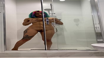 Naked roxy showers and masturbates