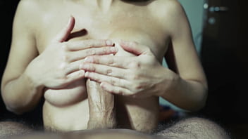 I make him cum by playing with my little tits and his cock