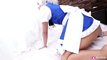 Sexy asian slutty girl anna saotome fucks with sex toy on the bed in costume