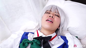 Sexy asian slutty girl anna saotome fucks with sex toy on the bed in costume