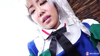 Sexy asian slutty girl anna saotome fucks with sex toy on the bed in costume