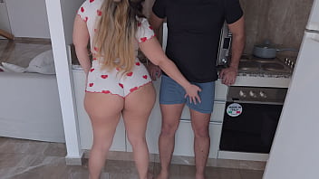 Watch my big ass stepsister teasing me in the kitchen until we fuck
