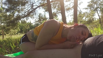 Side view bts a weekend picnic turned into a juicy blowjob and outdoor quickie with a huge cumshot on her ass