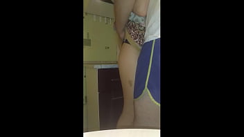 Sex in the kitchen with a maid fucked pussy in different poses cum on the chest