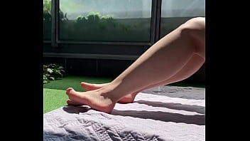 Huge cock voyeur jerks off and cums on wife's big feet on the terrace