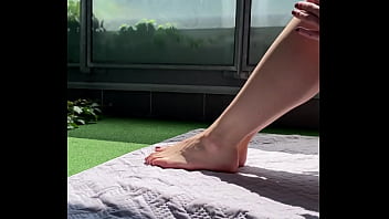 Huge cock voyeur jerks off and cums on wife's big feet on the terrace