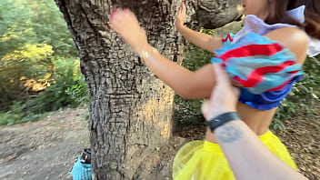 Asian whore cosplaying princess fucked in woods by random guy