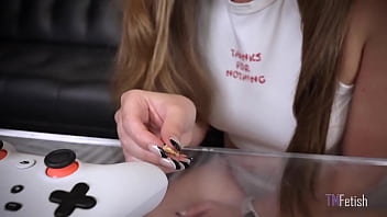 Hot brunette step sibling finds your shrunken body and masturbates before swallowing you