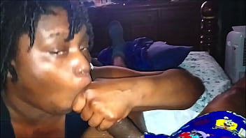 Darkchocolatebarbie gives her bf a sloppy bj while her friend is sleep on side them