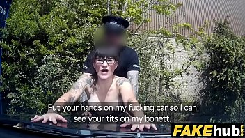 Fake cop copper cums over geeky girls glasses in the sun