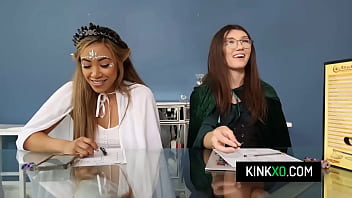 Teen bffs spice up a boring game night by sharing stud's cock in foursome