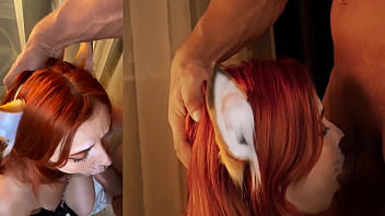 Cute fox sucks big dick cum on face