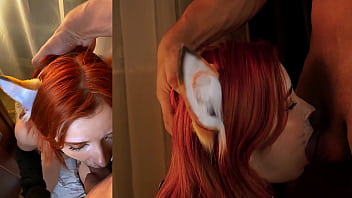 Cute fox sucks big dick cum on face