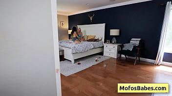 See this petite oriental black haired teenager seducing her big tit blondie friend