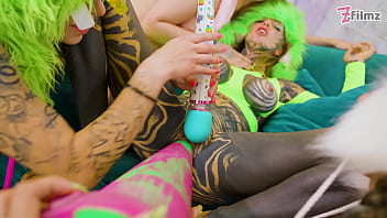 Inked up girls lesbian orgy orgasm inducing dildo action and cute monster costumes