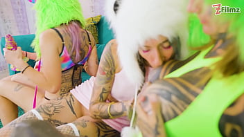 Inked up girls lesbian orgy orgasm inducing dildo action and cute monster costumes