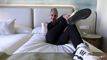 Slim german mature wife with many tattoos talk to no condom cheating fuck at hotel and leg him cum on small ass