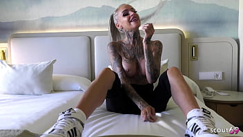 Slim german mature wife with many tattoos talk to no condom cheating fuck at hotel and leg him cum on small ass