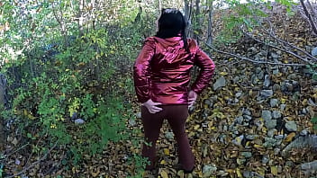 Risky outdoor blowjob by the lake red shiny downjacket fetish 316