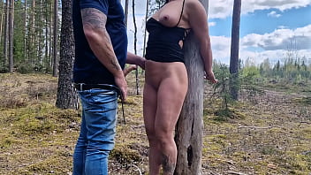 Handcuffed milf on the tree in public forest and fucking her good